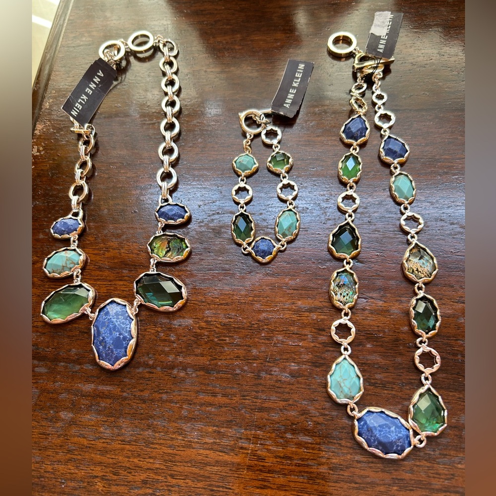 Anne Klein Blue and Green Necklaces & Bracelet Set 3 Items Silver Multicolored